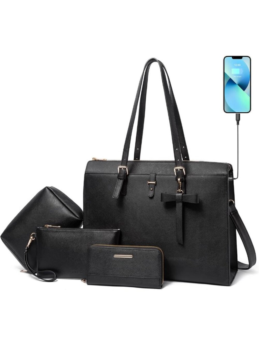 Stylish 4pc Laptop Bag Set for Women - Large Leather Briefcase with USB Port